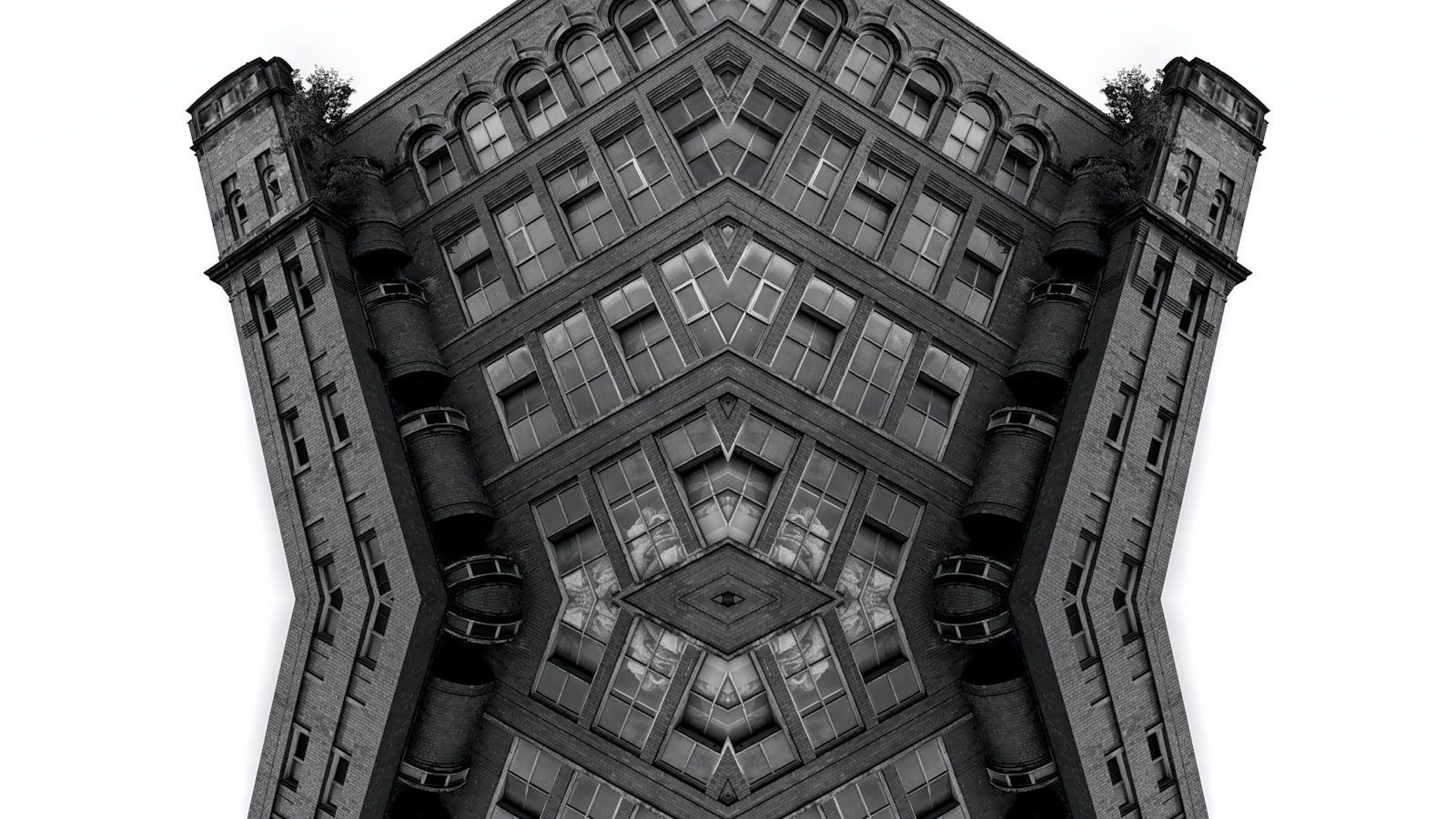 A black-and-white kaleidoscopic mirror-image photograph of a symmetrical building facade, its windows and towers doubling into each other