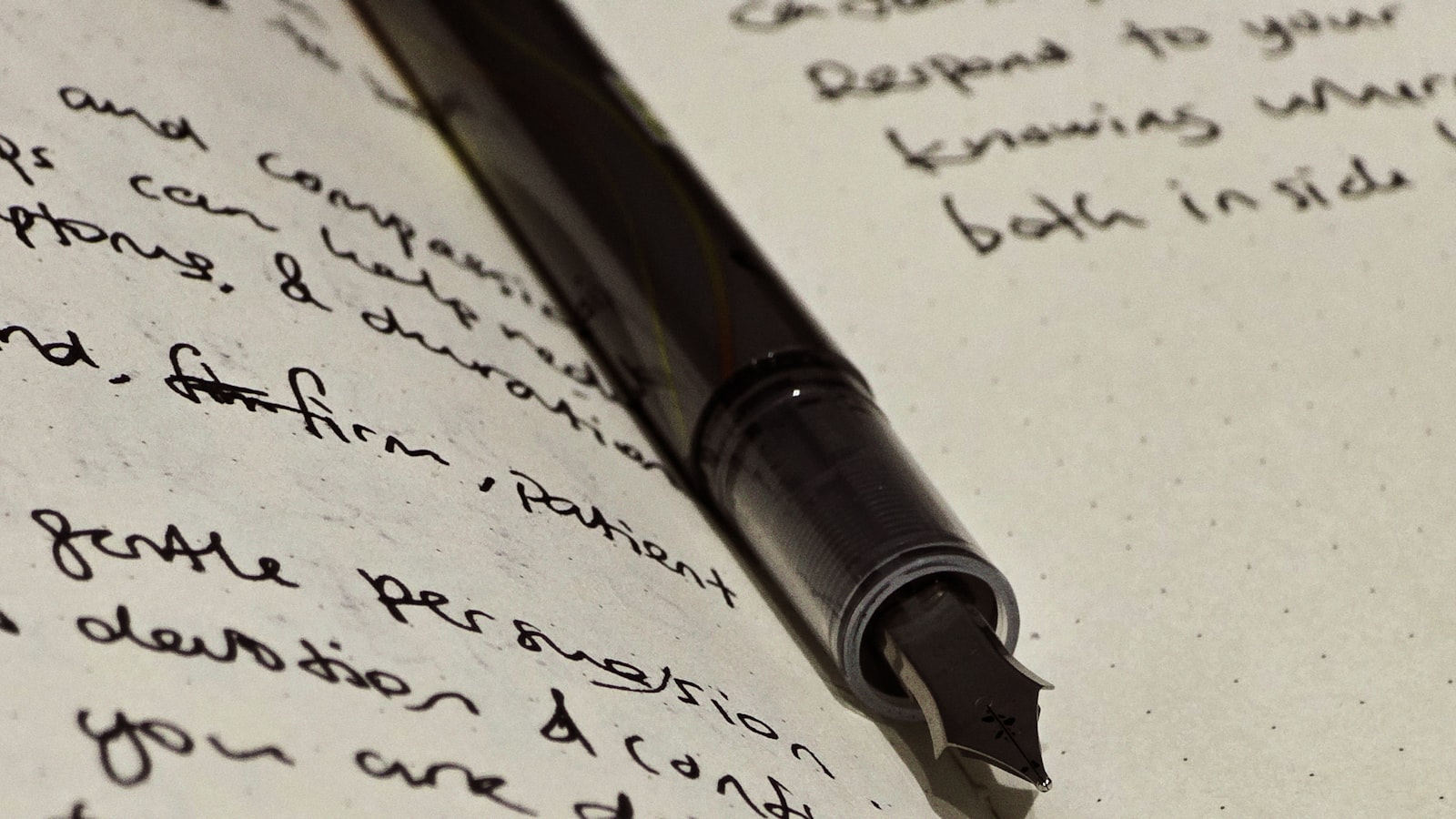 A fountain pen resting on a page of handwritten journal entries