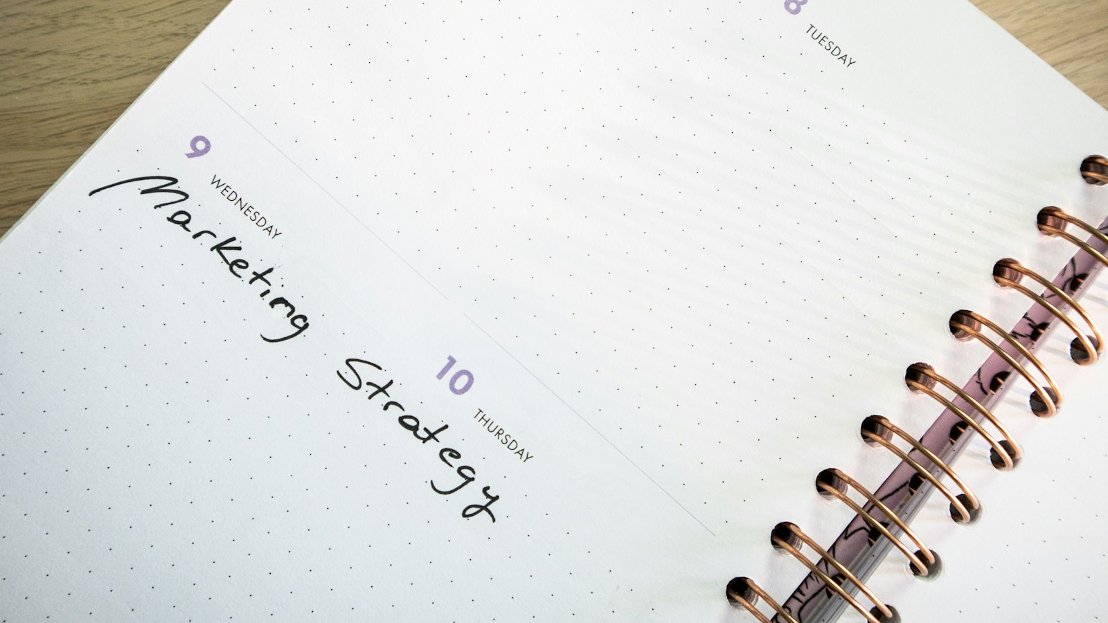 An open desk planner with a pen resting on the page, photographed from above.